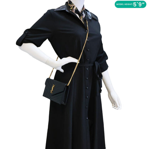 YVES SAINT LAURENT Envelope Grain De Poudre Chevron Leather Chain Crossbody Bag Black