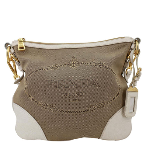 PRADA Logo Small  Jacquard Canvas Messenger Bag Beige