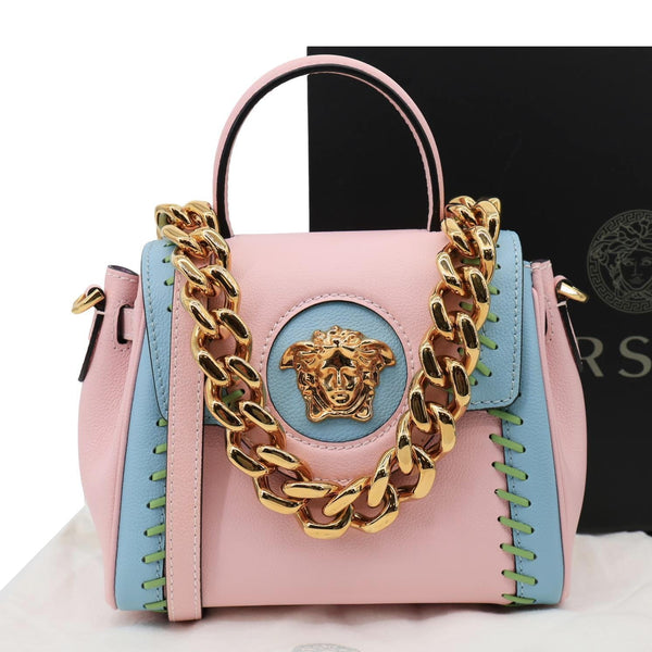VERSACE La Medusa Whipstitch Calfskin Leather Top Handle Shoulder Bag Pink