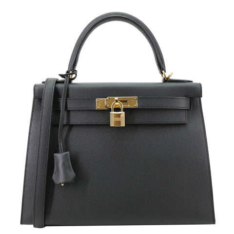 HERMES Kelly 28 Sellier II Epsom Leather Shoulder Bag Black