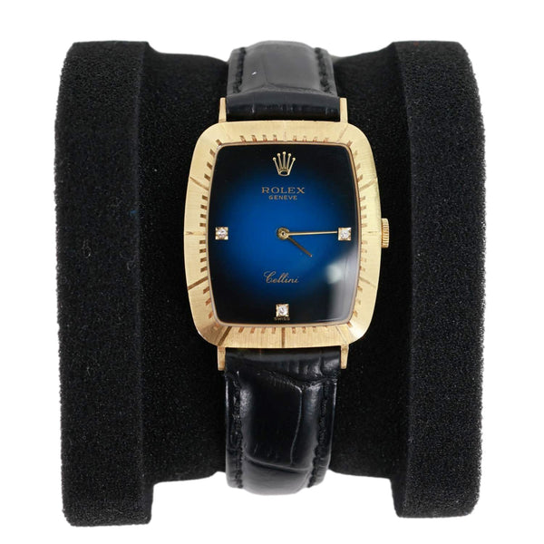 Rolex Cellini 30mm 18k Yellow Gold Engraved Bezel Blue Vignette Diamond Dial Watch 4087