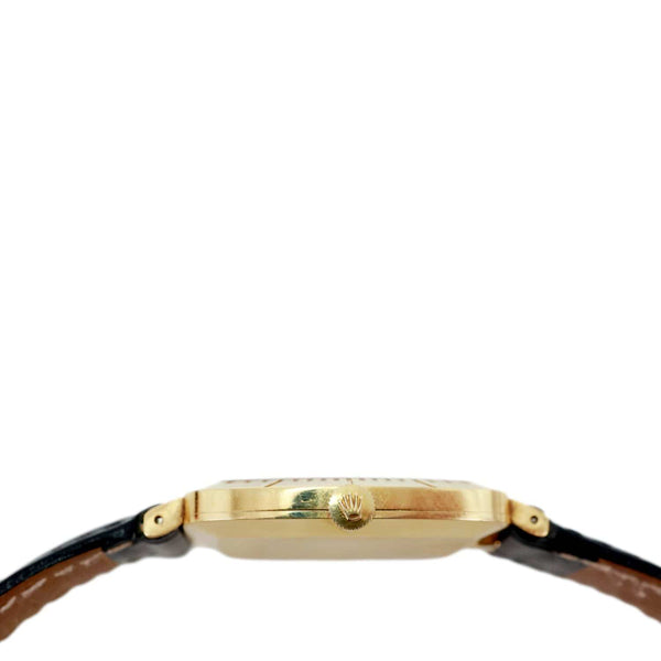 Rolex Cellini 30mm 18k Yellow Gold Engraved Bezel Blue Vignette Diamond Dial Watch 4087