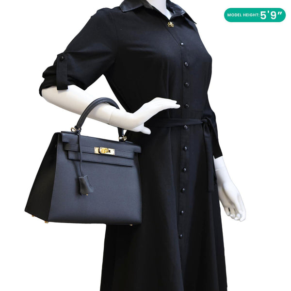 HERMES Kelly 28 Sellier II Epsom Leather Shoulder Bag Black