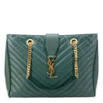YVES SAINT LAURENT Matelasse Chevron Leather Monogram Shopping Bag Green