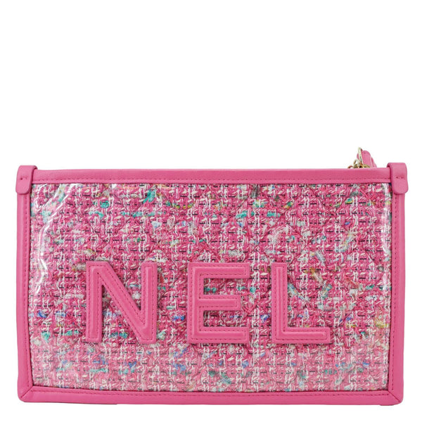 CHANEL Logo Small Quilted Tweed PVC Clutch Pink