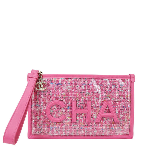 CHANEL Logo Small Quilted Tweed PVC Clutch Pink