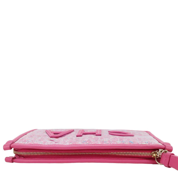 CHANEL Logo Small Quilted Tweed PVC Clutch Pink