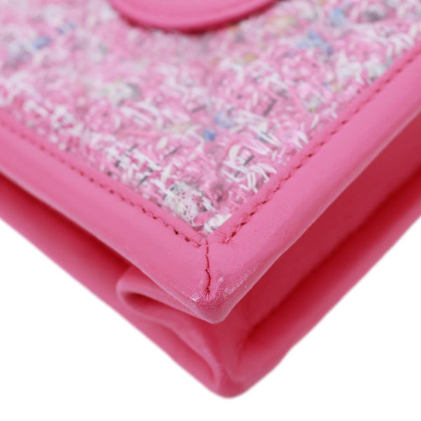 CHANEL Logo Small Quilted Tweed PVC Clutch Pink
