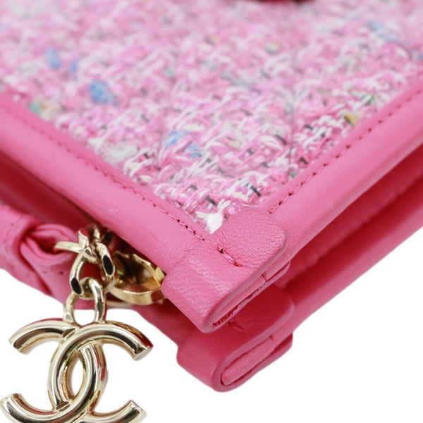CHANEL Logo Small Quilted Tweed PVC Clutch Pink