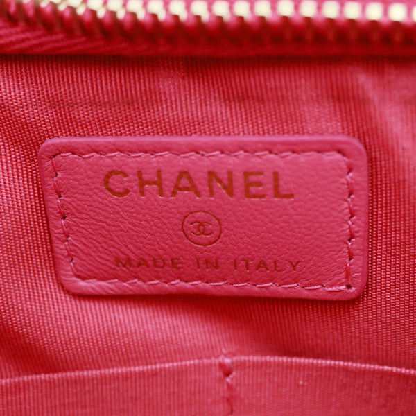 CHANEL Logo Small Quilted Tweed PVC Clutch Pink