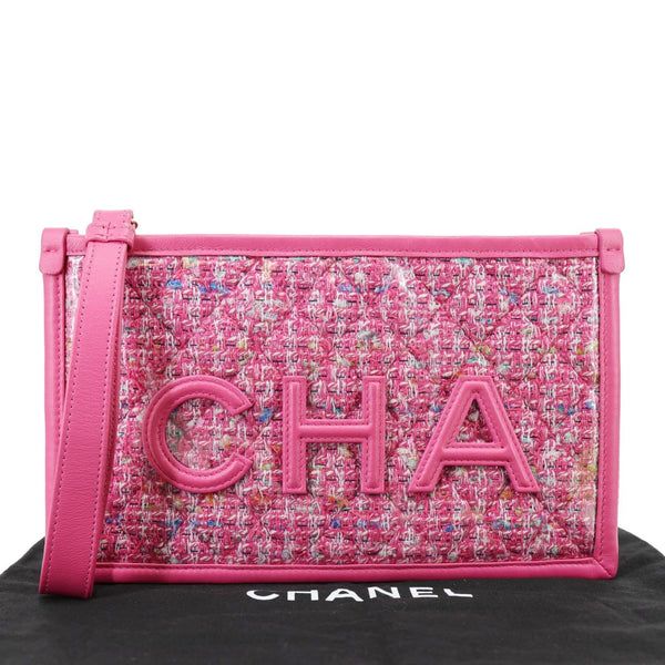 CHANEL Logo Small Quilted Tweed PVC Clutch Pink