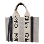 CHLOE Woody Ribbon small Linen Canvas Tote Bag Off White
