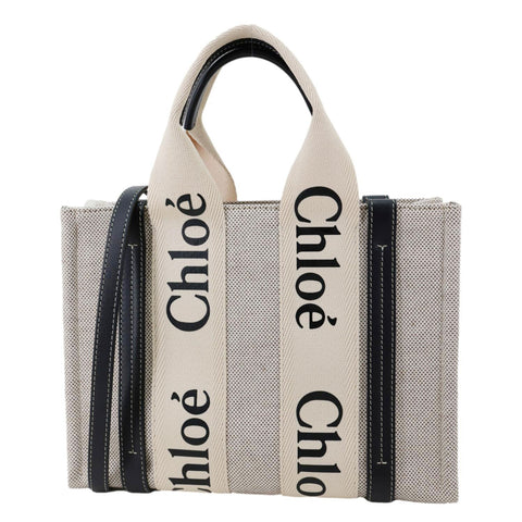 CHLOE Woody Ribbon small Linen Canvas Tote Bag Off White