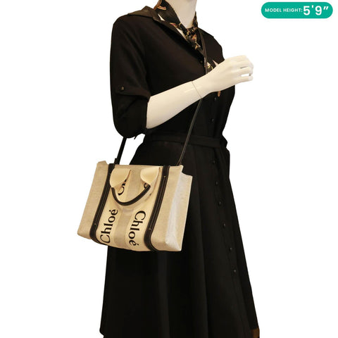 CHLOE Woody Ribbon small Linen Canvas Tote Bag Off White