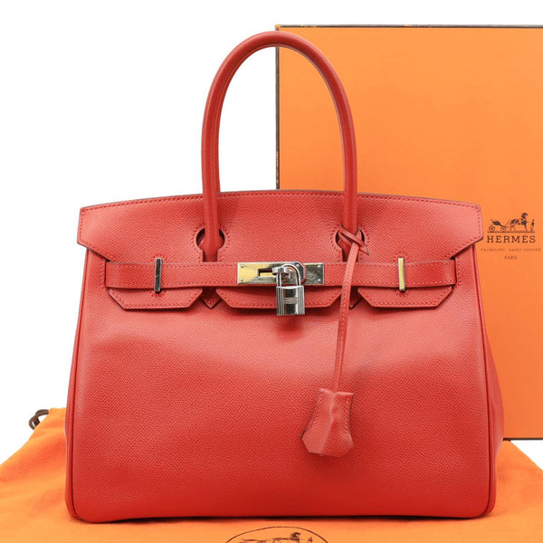 HERMES Birkin 30 Square Clemence Leather Satchel Bag Red