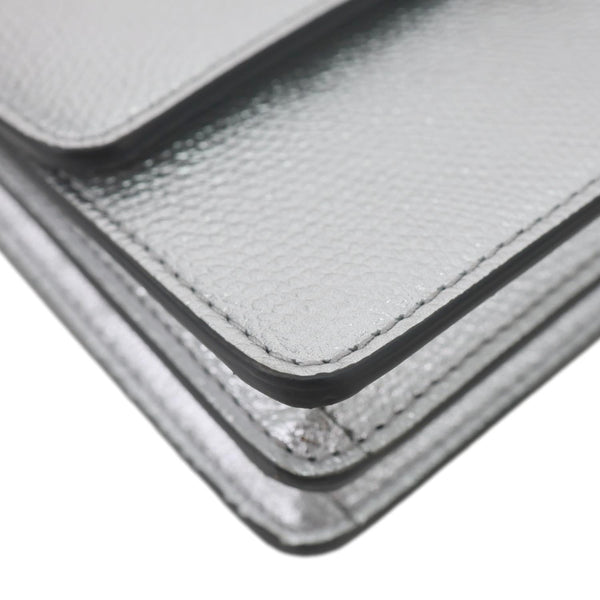 VALENTINO VLogo Metallic Leather Wallet On Chain Silver