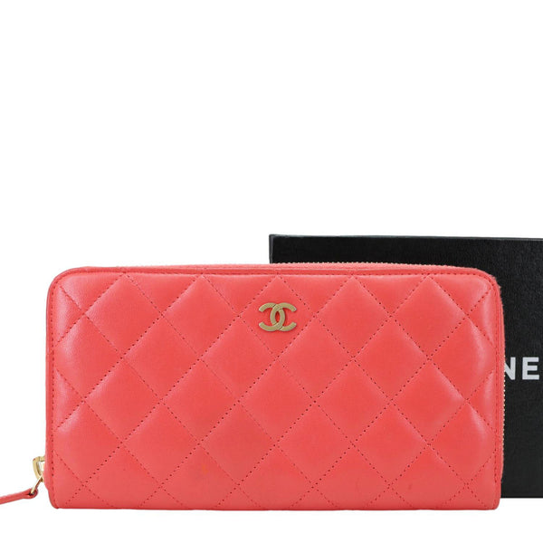 CHANEL Quilted Lambskin Leather Zip Around Long Wallet Pink