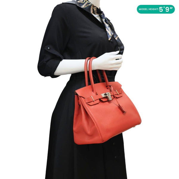 HERMES Birkin 30 Square Clemence Leather Satchel Bag Red