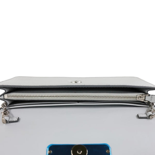 VALENTINO VLogo Metallic Leather Wallet On Chain Silver