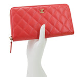CHANEL Quilted Lambskin Leather Zip Around Long Wallet Pink