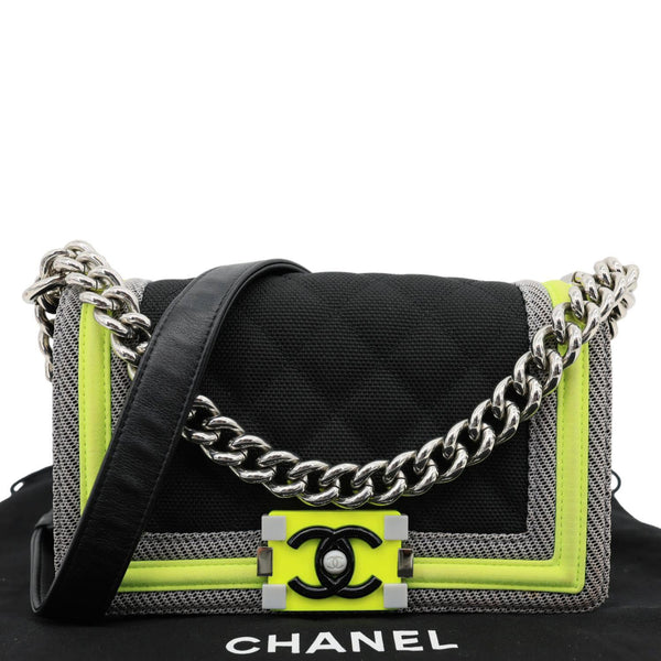CHANEL Fluo Boy Flap Small Quilted Canvas Crossbody Bag Black