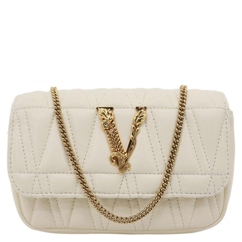 VERSACE Virtus Flap Mini Quilted Leather Chain Crossbody Bag Off White