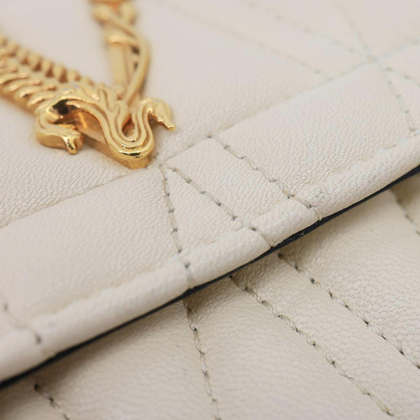 VERSACE Virtus Flap Mini Quilted Leather Chain Crossbody Bag Off White