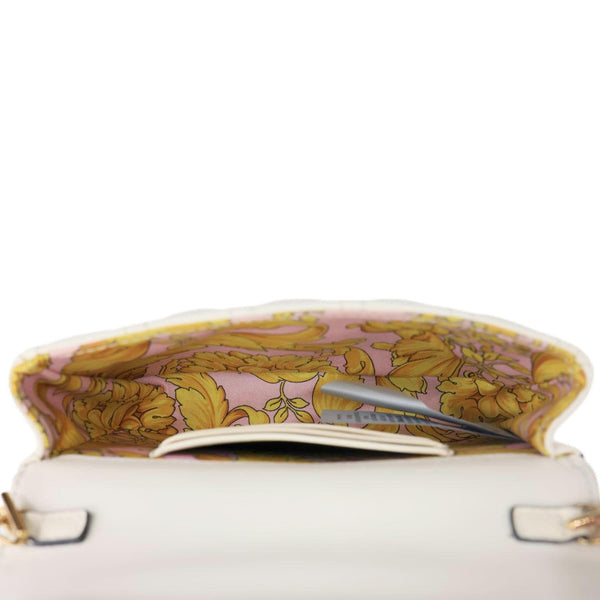 VERSACE Virtus Flap Mini Quilted Leather Chain Crossbody Bag Off White
