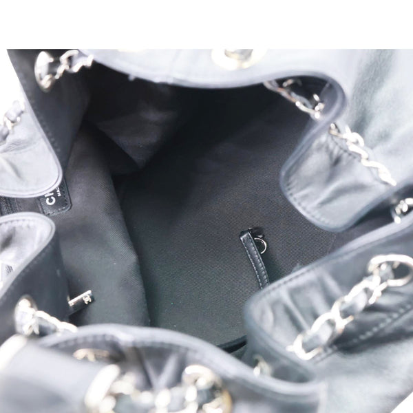 CHANEL Surpique CC Drawstring Calfskin Leather Bucket Bag Black