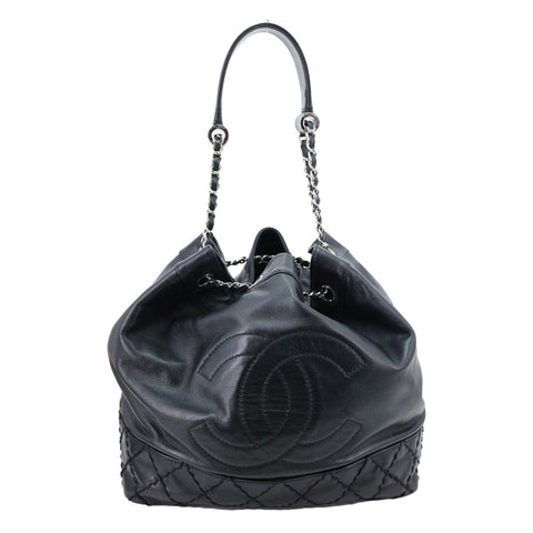 CHANEL Surpique CC Drawstring Calfskin Leather Bucket Bag Black