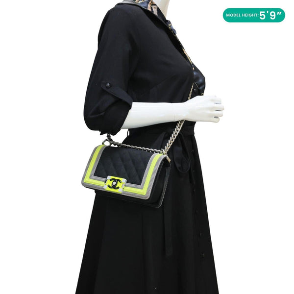 CHANEL Fluo Boy Flap Small Quilted Canvas Crossbody Bag Black