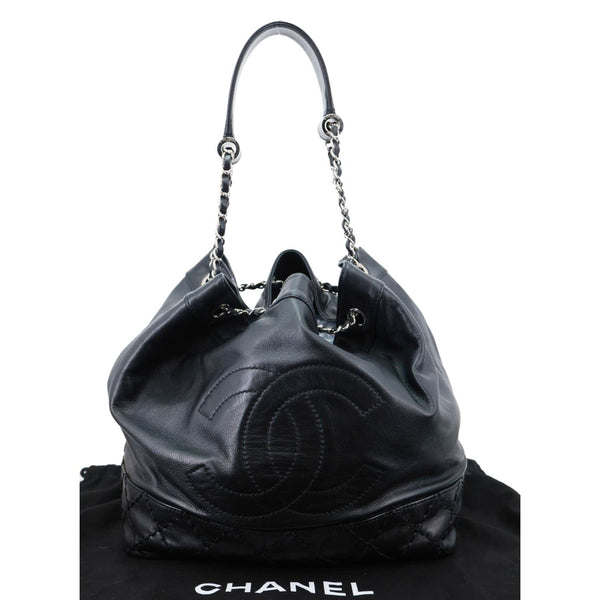 CHANEL Surpique CC Drawstring Calfskin Leather Bucket Bag Black