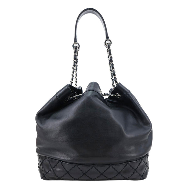 CHANEL Surpique CC Drawstring Calfskin Leather Bucket Bag Black