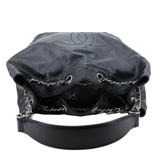 CHANEL Surpique CC Drawstring Calfskin Leather Bucket Bag Black