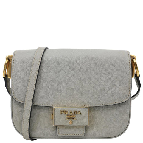 PRADA Embleme Flap Saffiano Lux Leather Shoulder Bag Grey