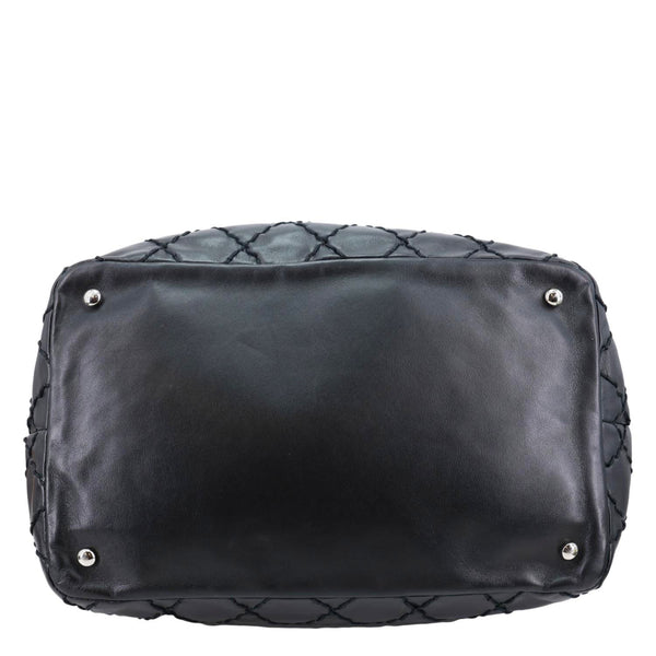 CHANEL Surpique CC Drawstring Calfskin Leather Bucket Bag Black