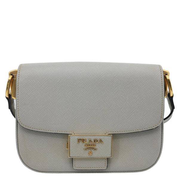 PRADA Embleme Flap Saffiano Lux Leather Shoulder Bag Grey