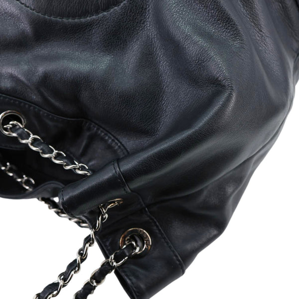CHANEL Surpique CC Drawstring Calfskin Leather Bucket Bag Black