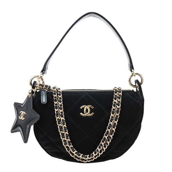 CHANEL Coco Neige Velvet Effect Nylon Clutch with Chain Crossbody Bag Black