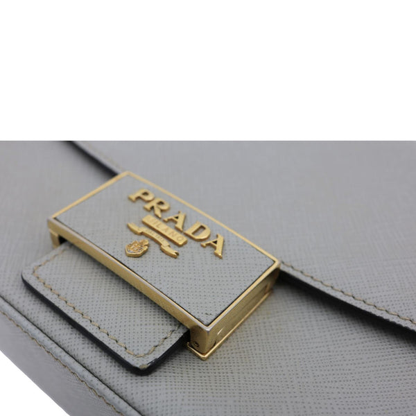 PRADA Embleme Flap Saffiano Lux Leather Shoulder Bag Grey