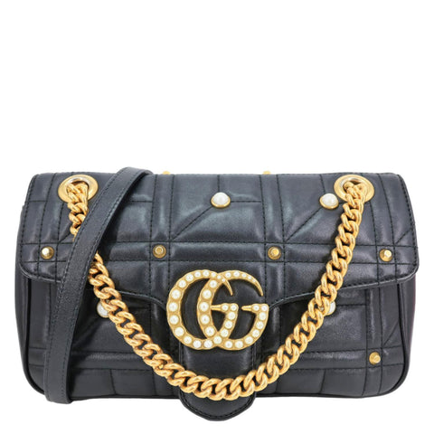GUCCI GG Marmont Small Pearl Studded Quilted Leather Shoulder Bag Black 443497