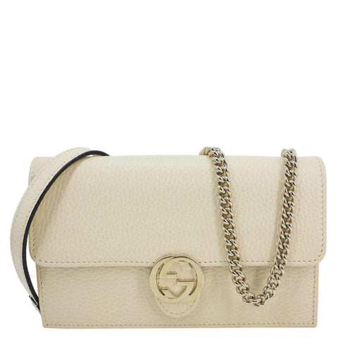 GUCCI GG Interlocking Leather Wallet On Chain Crossbody Bag Off White 615523