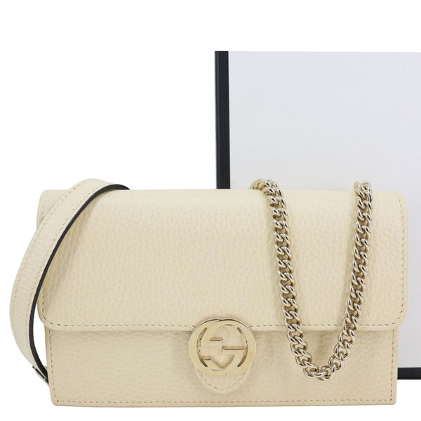 GUCCI GG Interlocking Leather Wallet On Chain Crossbody Bag Off White 615523