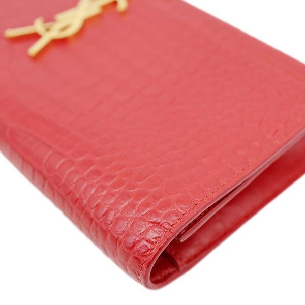 YVES SAINT LAURENT Kate Tassel Crocodile Embossed Leather Wallet Red