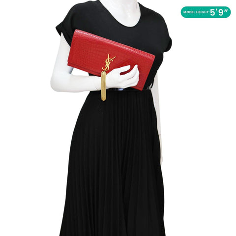 YVES SAINT LAURENT Kate Tassel Crocodile Embossed Leather Wallet Red