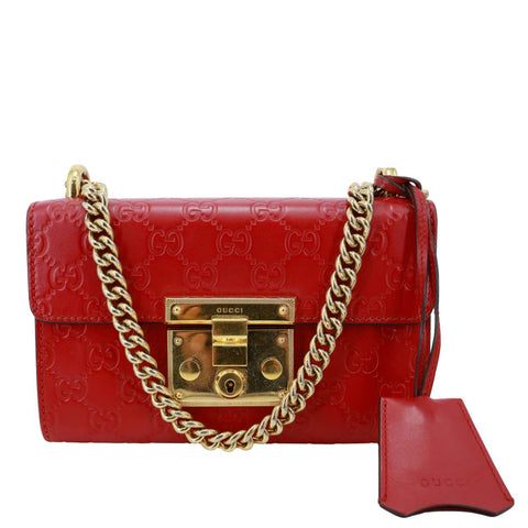 GUCCI Signature Padlock Leather Top Handle Shoulder Bag Red 409487