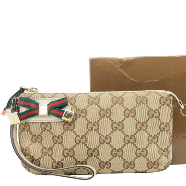 GUCCI Princy Web Monogram Canvas Wristlet Beige 162846