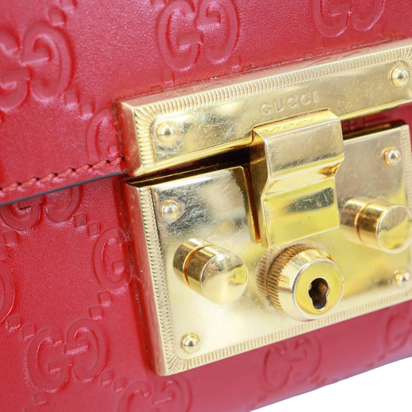 GUCCI Signature Padlock Leather Top Handle Shoulder Bag Red 409487