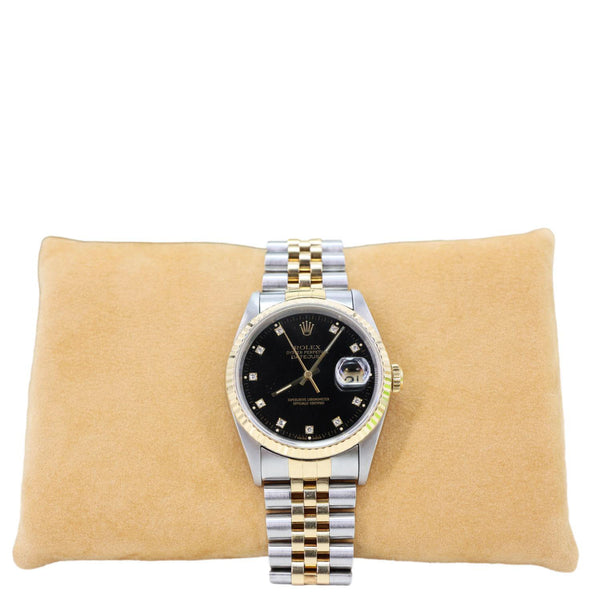 Rolex  Datejust 36mm 18k Gold Steel Fluted Bezel Black Diamond Dial Watch 16233
