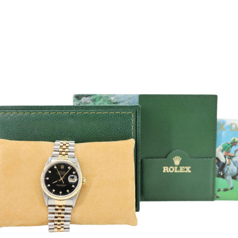 Rolex  Datejust 36mm 18k Gold Steel Fluted Bezel Black Diamond Dial Watch 16233